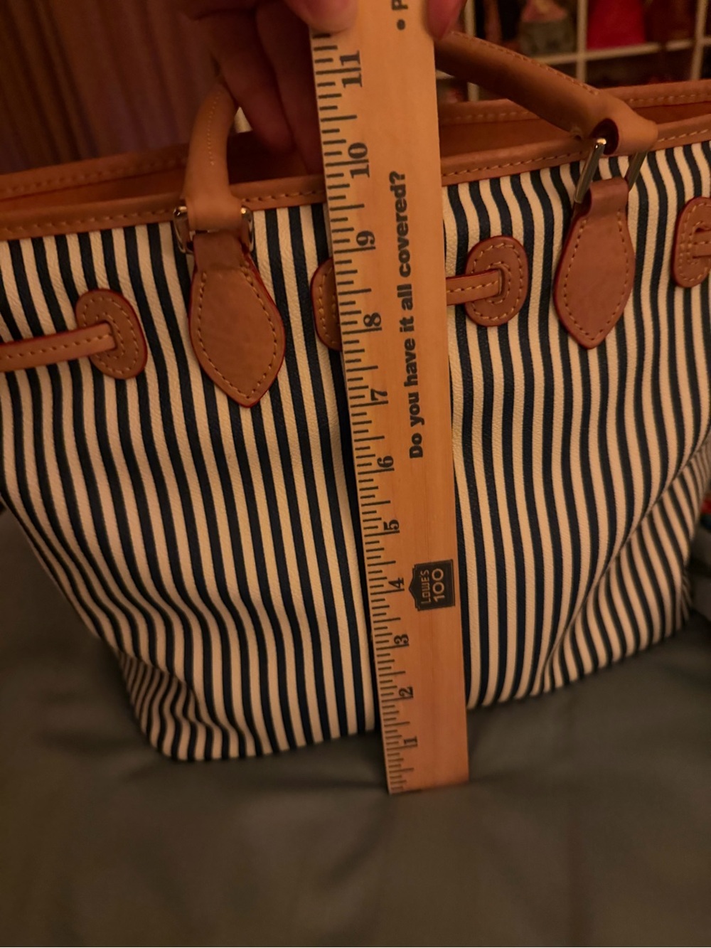Dooney & Bourke Navy and White Stripe Tote with Tan Trim - Picture 14 of 16